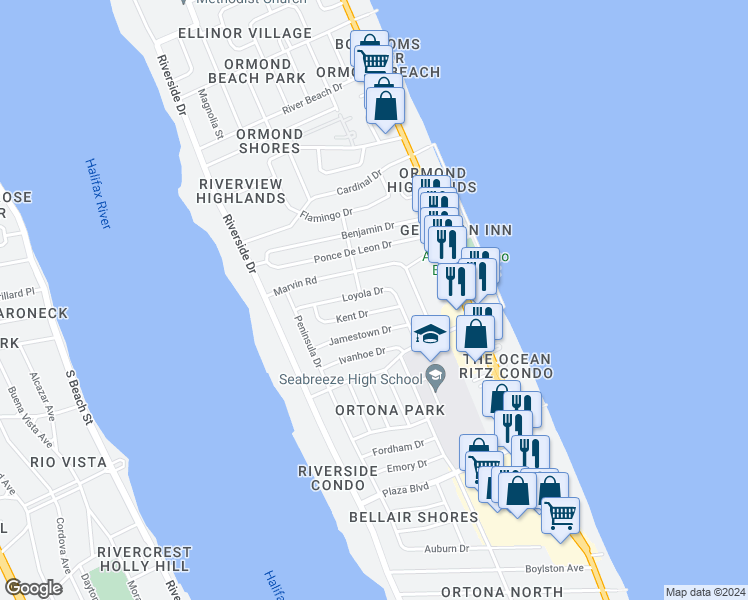 map of restaurants, bars, coffee shops, grocery stores, and more near 136 Loyola Drive in Ormond Beach