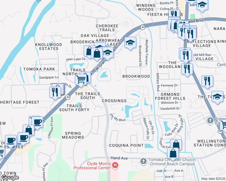 map of restaurants, bars, coffee shops, grocery stores, and more near 7 Pine Shadows Trail in Ormond Beach