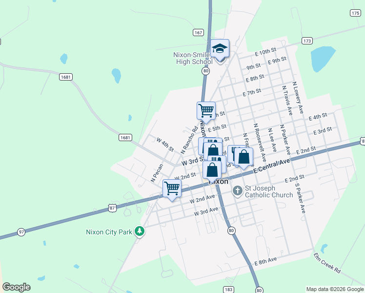 map of restaurants, bars, coffee shops, grocery stores, and more near 205 West 4th Street in Nixon