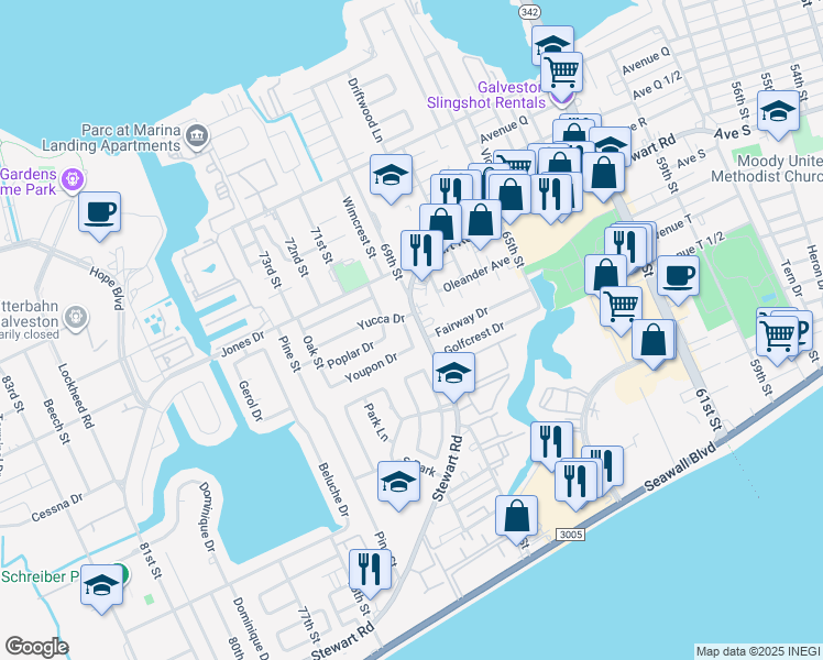 map of restaurants, bars, coffee shops, grocery stores, and more near 2510 Cedar Street in Galveston