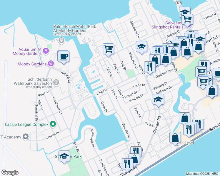 map of restaurants, bars, coffee shops, grocery stores, and more near 7407 Jones Drive in Galveston