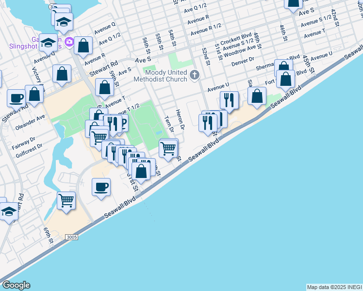 map of restaurants, bars, coffee shops, grocery stores, and more near 5501 Swan Drive in Galveston