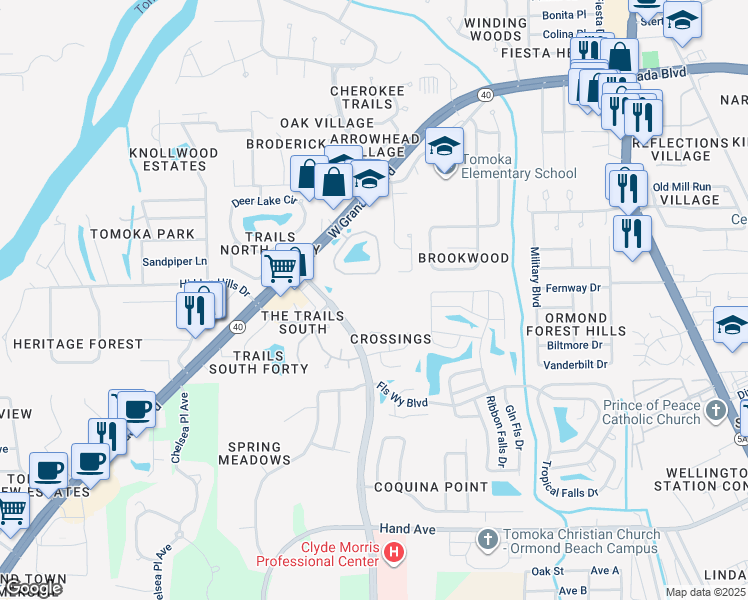 map of restaurants, bars, coffee shops, grocery stores, and more near 5 Fishermans Circle in Ormond Beach