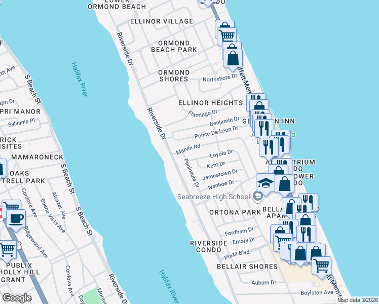 map of restaurants, bars, coffee shops, grocery stores, and more near 73 Marvin Road in Ormond Beach