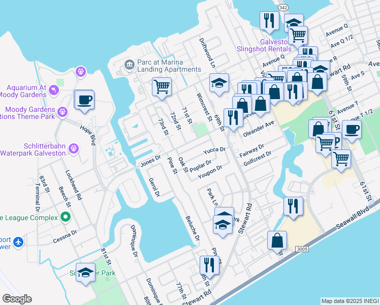 map of restaurants, bars, coffee shops, grocery stores, and more near 2314 72nd Street in Galveston