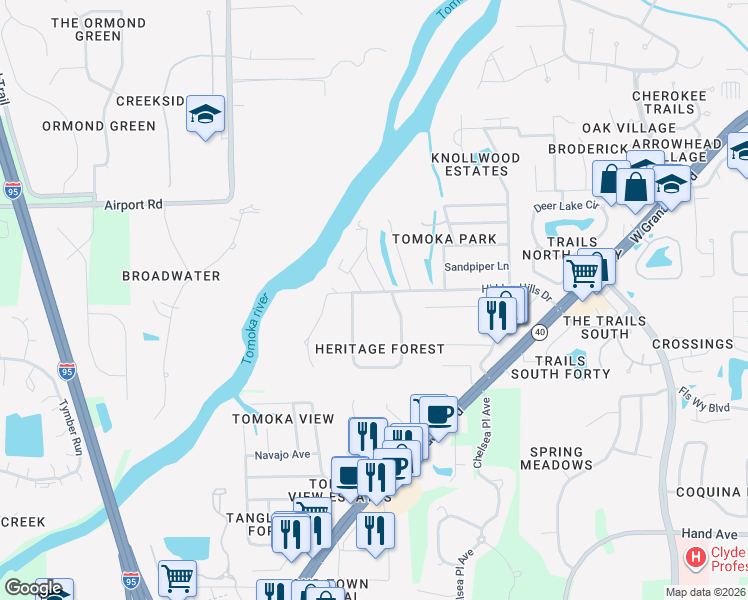 map of restaurants, bars, coffee shops, grocery stores, and more near 185 Hidden Hills Drive in Ormond Beach