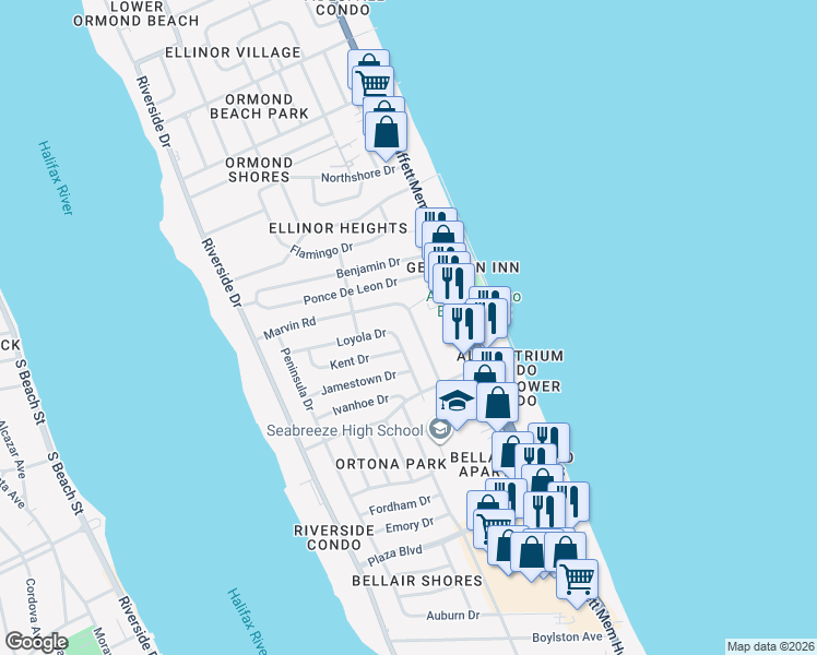 map of restaurants, bars, coffee shops, grocery stores, and more near 783 Marvin Road in Ormond Beach