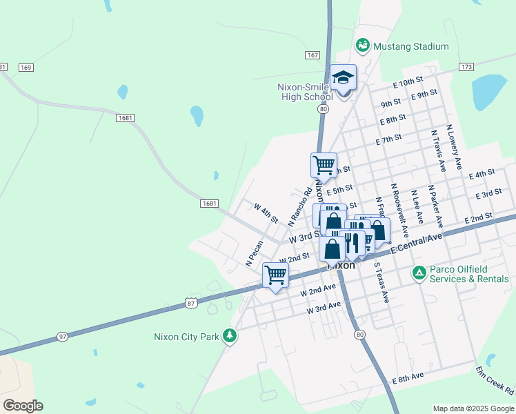 map of restaurants, bars, coffee shops, grocery stores, and more near 614 West 4th Street in Nixon