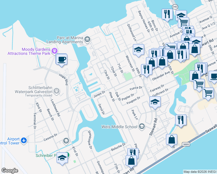 map of restaurants, bars, coffee shops, grocery stores, and more near 7308 Jones Drive in Galveston