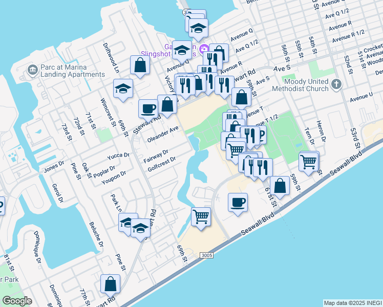 map of restaurants, bars, coffee shops, grocery stores, and more near 6501 Golf Crest Drive in Galveston