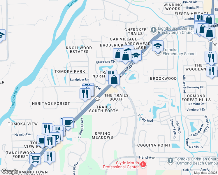 map of restaurants, bars, coffee shops, grocery stores, and more near 1128 West Granada Boulevard in Ormond Beach