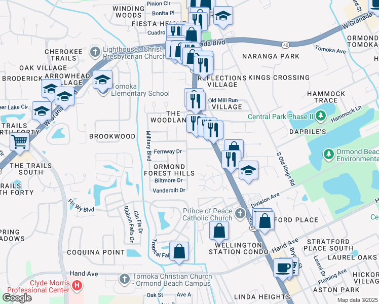 map of restaurants, bars, coffee shops, grocery stores, and more near 303 Forest Hills Boulevard in Ormond Beach