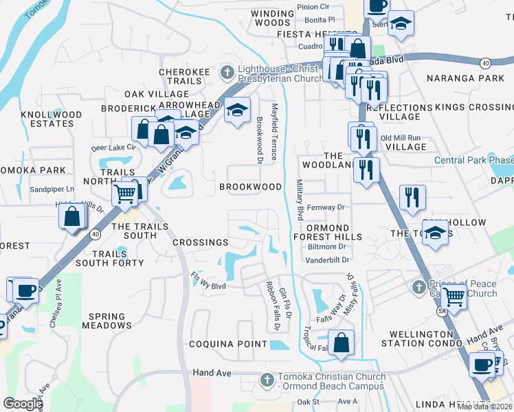 map of restaurants, bars, coffee shops, grocery stores, and more near 95 Mayfield Circle in Ormond Beach