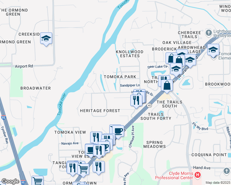 map of restaurants, bars, coffee shops, grocery stores, and more near Hidden Hills Drive in Ormond Beach