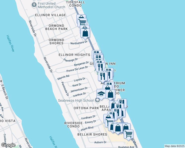 map of restaurants, bars, coffee shops, grocery stores, and more near 783 Marvin Road in Ormond Beach