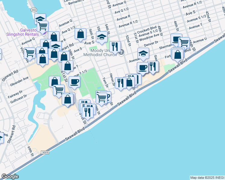 map of restaurants, bars, coffee shops, grocery stores, and more near 5501 Swan Drive in Galveston