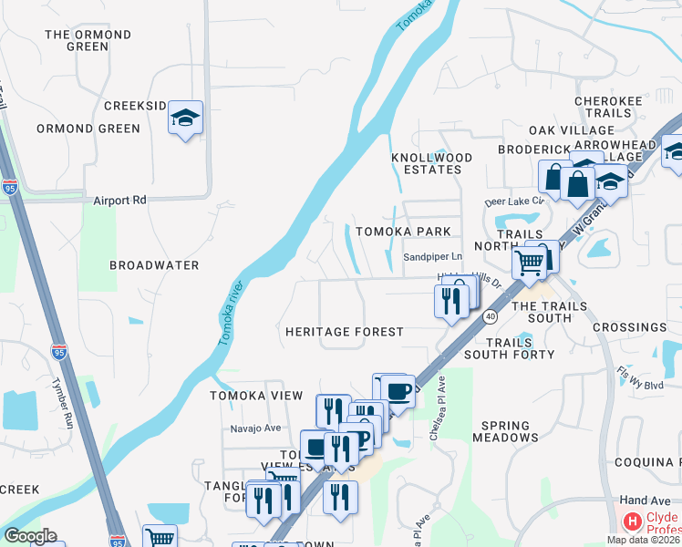 map of restaurants, bars, coffee shops, grocery stores, and more near 185 Hidden Hills Drive in Ormond Beach