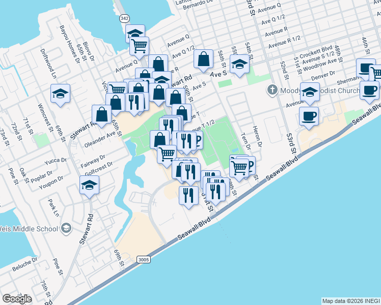 map of restaurants, bars, coffee shops, grocery stores, and more near 2806 61st Street in Galveston