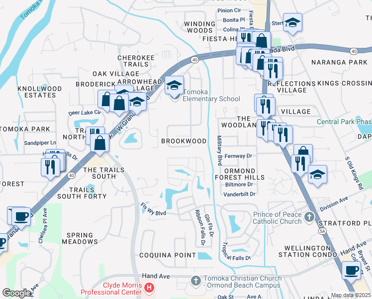 map of restaurants, bars, coffee shops, grocery stores, and more near 95 Mayfield Circle in Ormond Beach