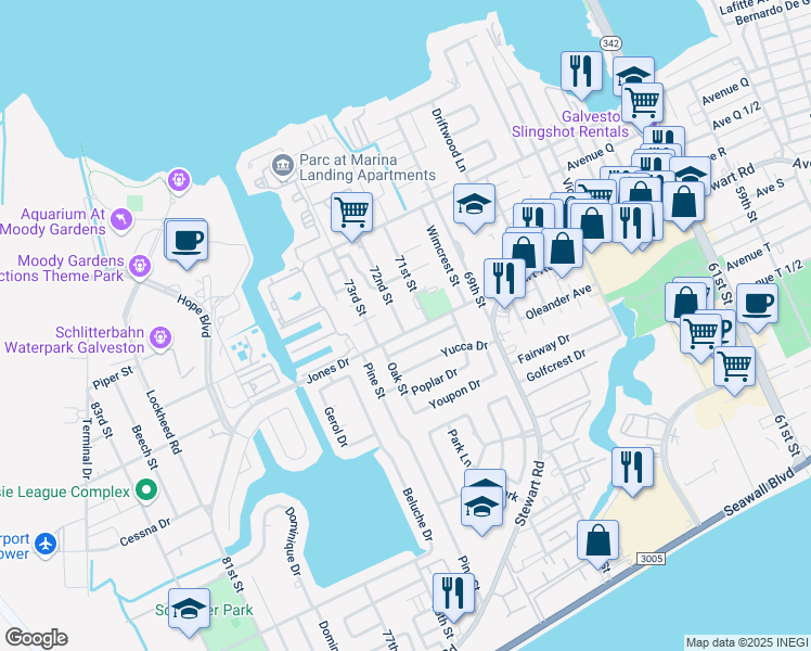map of restaurants, bars, coffee shops, grocery stores, and more near 2314 72nd Street in Galveston