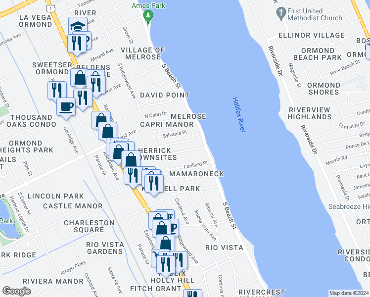 map of restaurants, bars, coffee shops, grocery stores, and more near 53 Riverview Drive in Ormond Beach