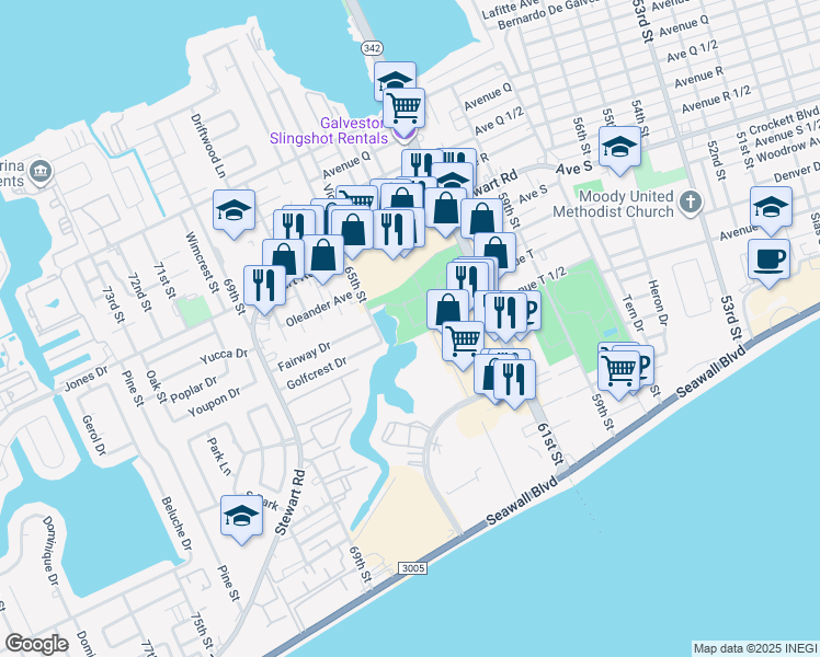 map of restaurants, bars, coffee shops, grocery stores, and more near 2506 65th Street in Galveston