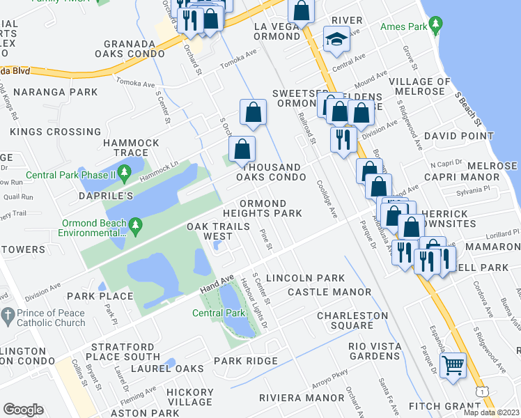 map of restaurants, bars, coffee shops, grocery stores, and more near 280 South Orchard Street in Ormond Beach