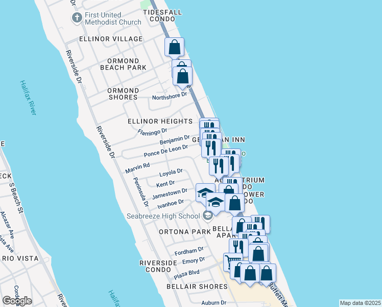map of restaurants, bars, coffee shops, grocery stores, and more near 783 Marvin Road in Ormond Beach