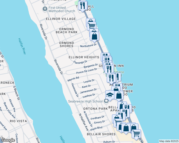 map of restaurants, bars, coffee shops, grocery stores, and more near 152 Ponce De Leon Drive in Ormond Beach