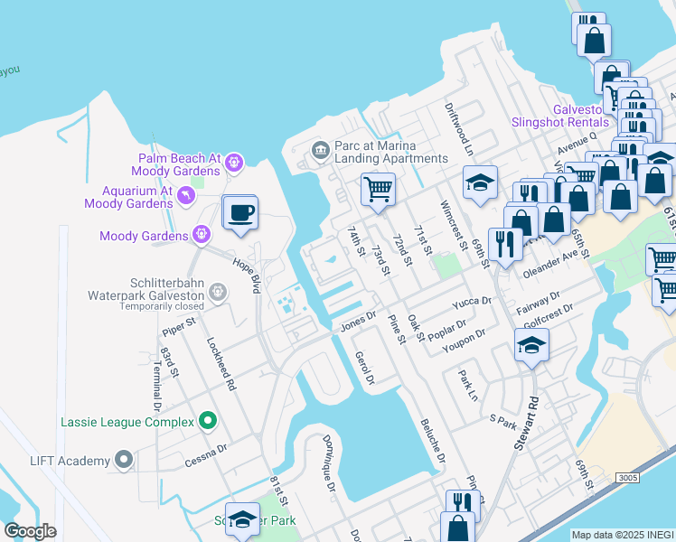 map of restaurants, bars, coffee shops, grocery stores, and more near 7400 Jones Drive in Galveston