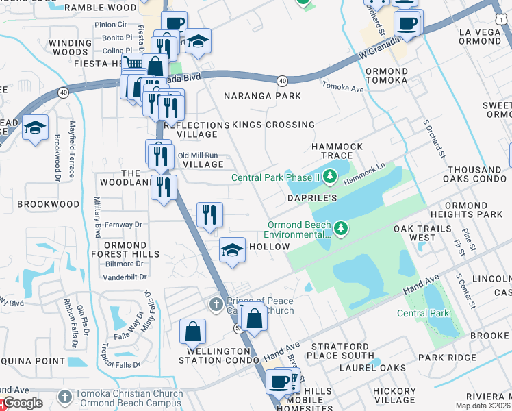 map of restaurants, bars, coffee shops, grocery stores, and more near 2 King Edward Drive in Ormond Beach