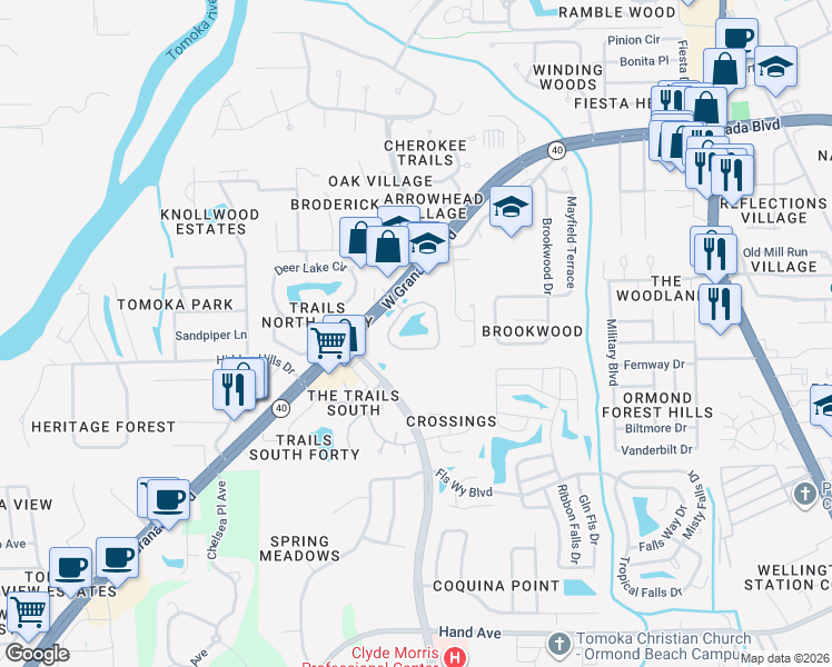 map of restaurants, bars, coffee shops, grocery stores, and more near 11 Fishermans Circle in Ormond Beach