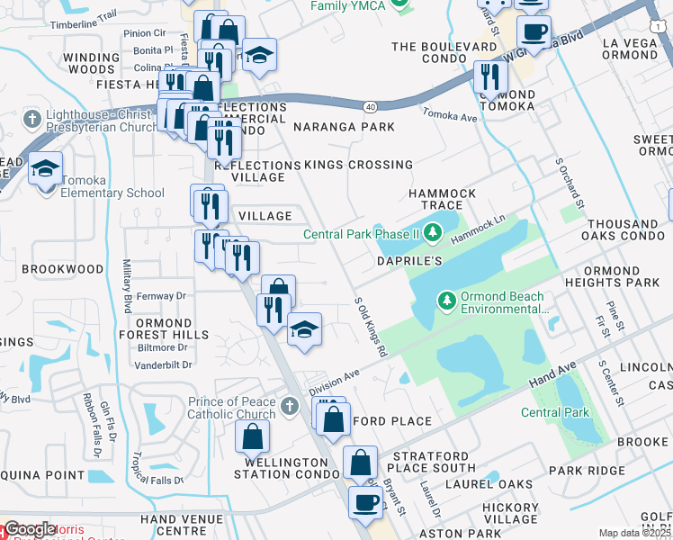 map of restaurants, bars, coffee shops, grocery stores, and more near 2 King Edward Drive in Ormond Beach