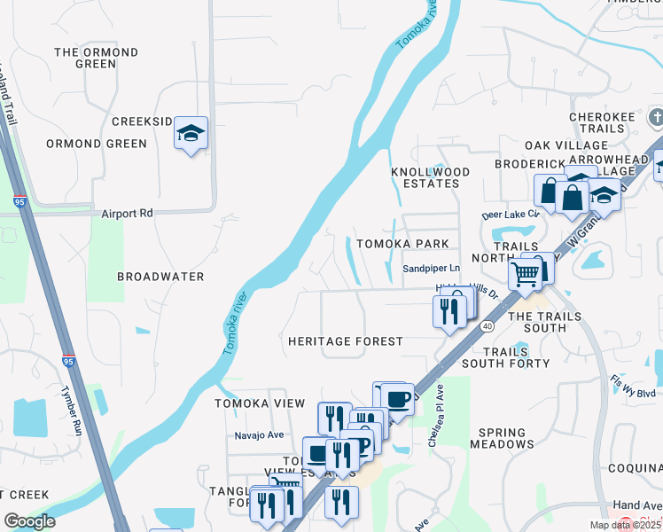 map of restaurants, bars, coffee shops, grocery stores, and more near 40 Raintree Lane in Ormond Beach