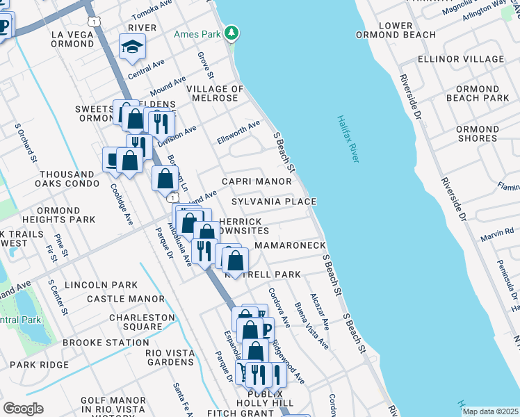 map of restaurants, bars, coffee shops, grocery stores, and more near 87 Sylvania Place in Ormond Beach