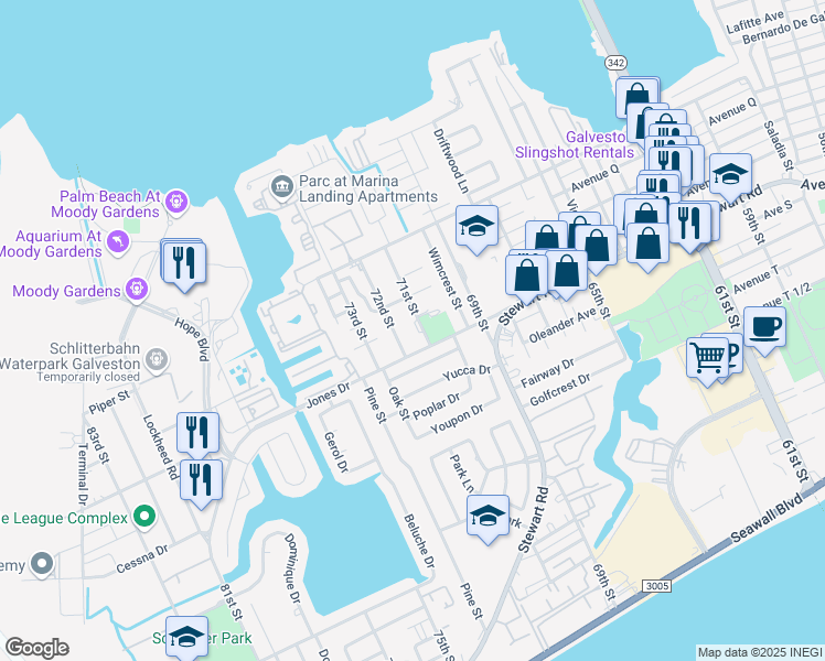 map of restaurants, bars, coffee shops, grocery stores, and more near 2211 71st Street in Galveston