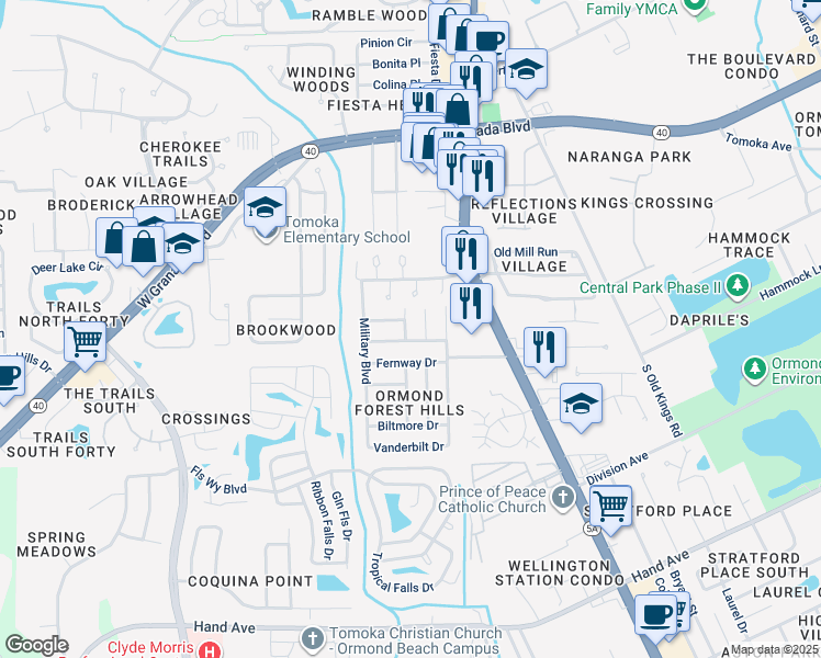 map of restaurants, bars, coffee shops, grocery stores, and more near 283 Linden Street in Ormond Beach
