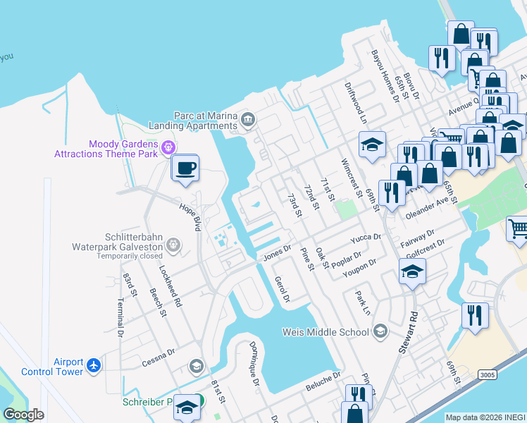 map of restaurants, bars, coffee shops, grocery stores, and more near 7400 Jones Drive in Galveston