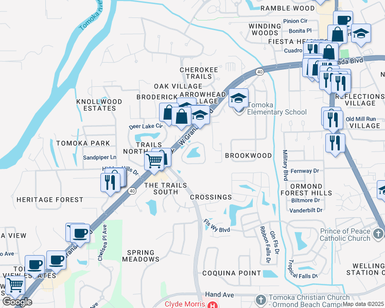 map of restaurants, bars, coffee shops, grocery stores, and more near 11 Fishermans Circle in Ormond Beach