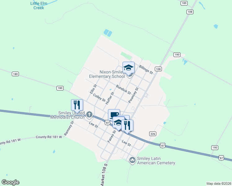 map of restaurants, bars, coffee shops, grocery stores, and more near 300 Bundick Street in Smiley