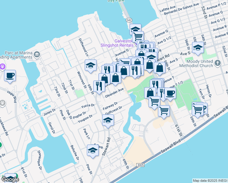 map of restaurants, bars, coffee shops, grocery stores, and more near 6618 Oleander Ave in Galveston