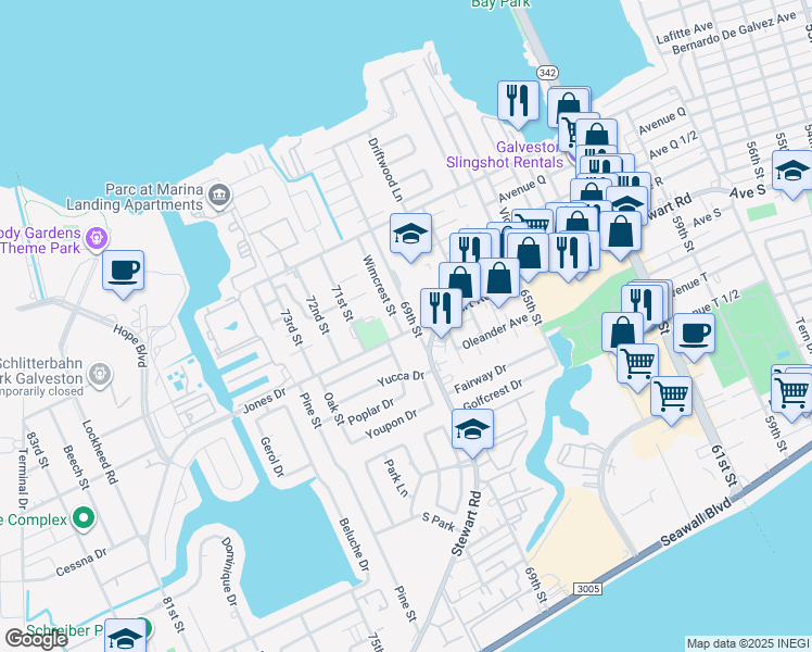 map of restaurants, bars, coffee shops, grocery stores, and more near 2328 Wimcrest Street in Galveston