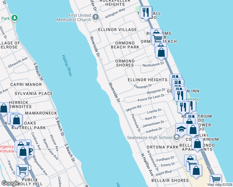 map of restaurants, bars, coffee shops, grocery stores, and more near 11 Cardinal Drive in Ormond Beach