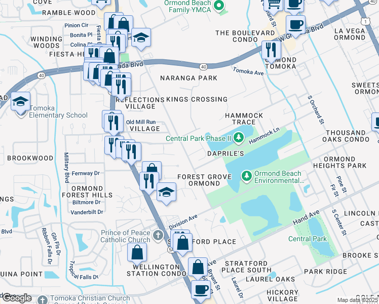 map of restaurants, bars, coffee shops, grocery stores, and more near 2 King Edward Drive in Ormond Beach