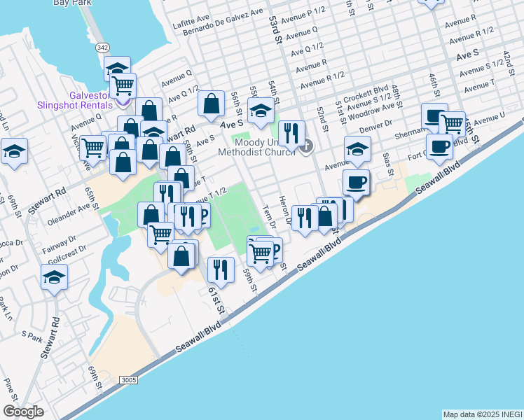 map of restaurants, bars, coffee shops, grocery stores, and more near 3007 Tern Drive in Galveston