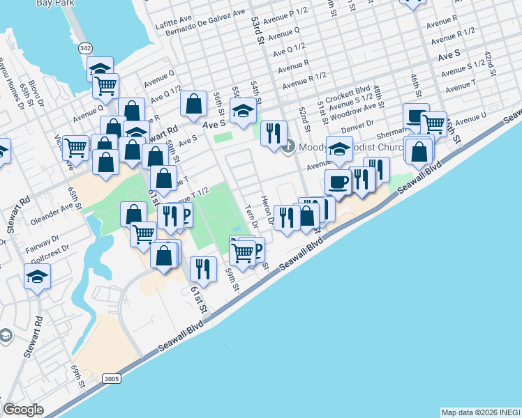 map of restaurants, bars, coffee shops, grocery stores, and more near 3020 Heron Drive in Galveston