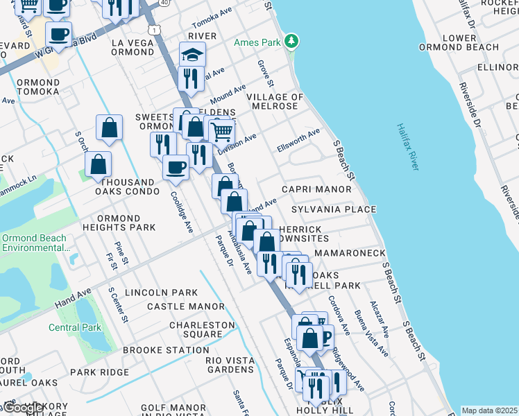 map of restaurants, bars, coffee shops, grocery stores, and more near 323 Bostrom Lane in Ormond Beach