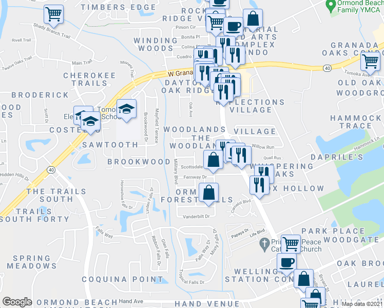 map of restaurants, bars, coffee shops, grocery stores, and more near 1267 Royal Road in Ormond Beach