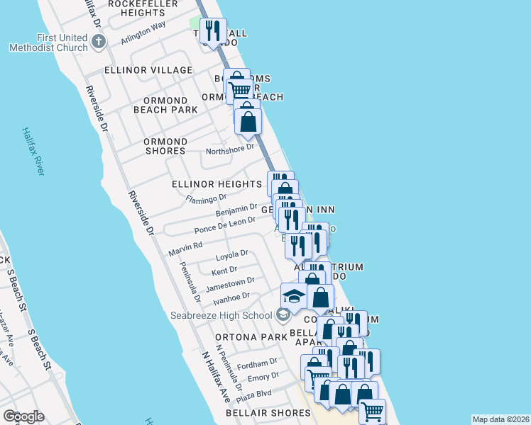 map of restaurants, bars, coffee shops, grocery stores, and more near 235 Ponce De Leon Drive in Ormond Beach