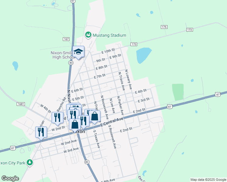 map of restaurants, bars, coffee shops, grocery stores, and more near 607 East 5th Street in Nixon
